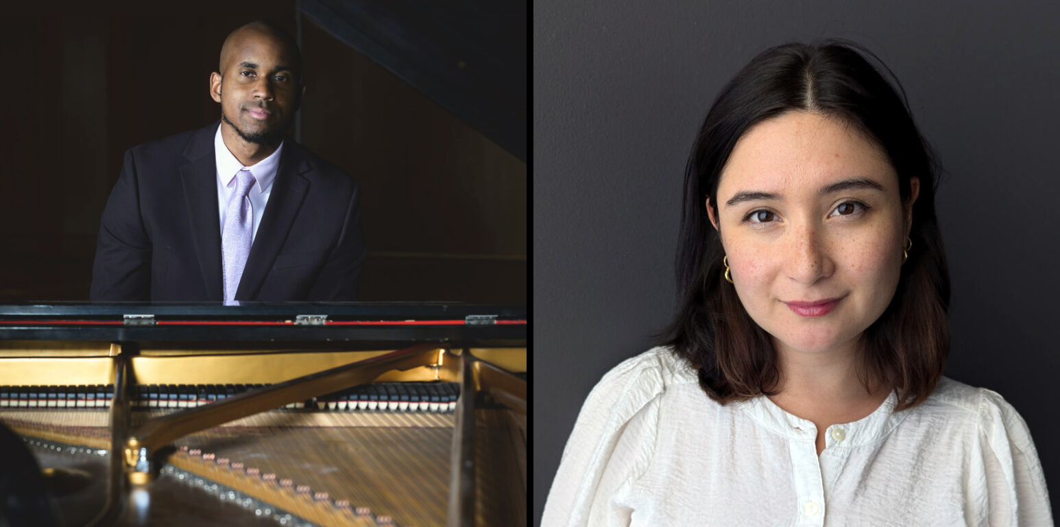 Side by side images of UMBC alumni Ellington Carthan (who is seated at a piano) and Hannah Korangkool